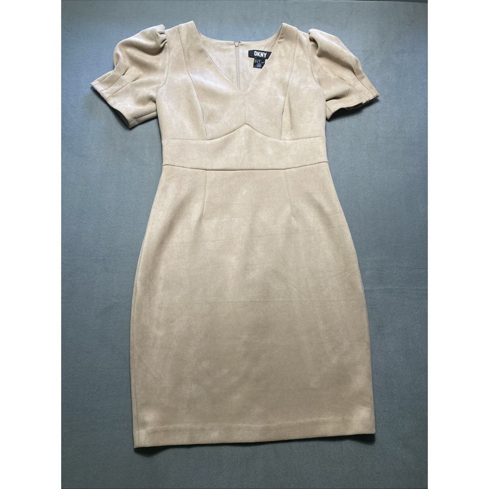 DKNY Beige Suede Sheath Dress Short Puff Sleeve V-Neck Knee Length Size 10